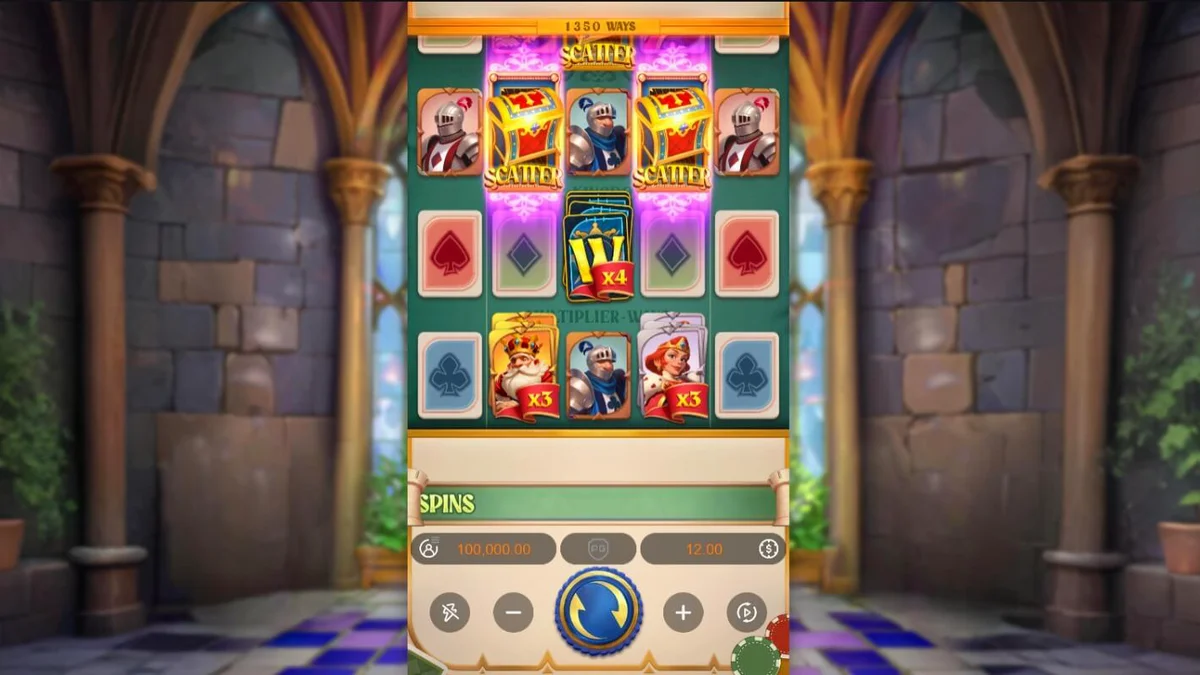 Tampilan visual slot Poker Kingdom Win dengan tema kerajaan dan kartu remi