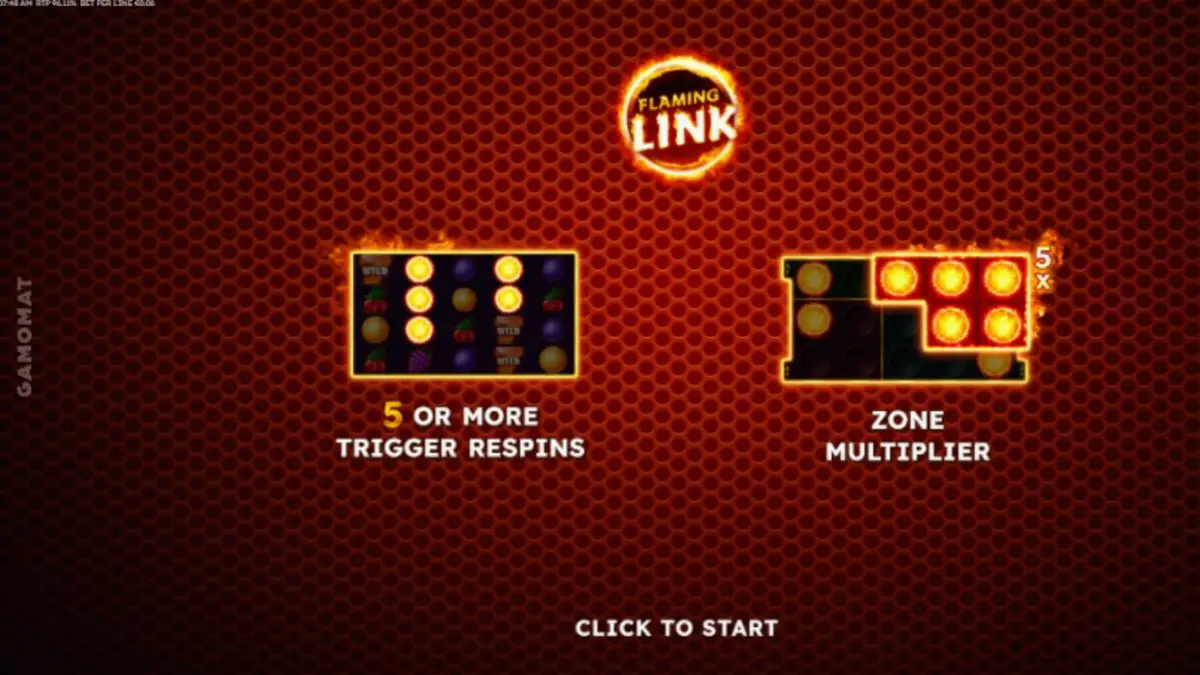 Tampilan visual mesin slot 40 Finest XXL Flaming Link dengan elemen buah dan api