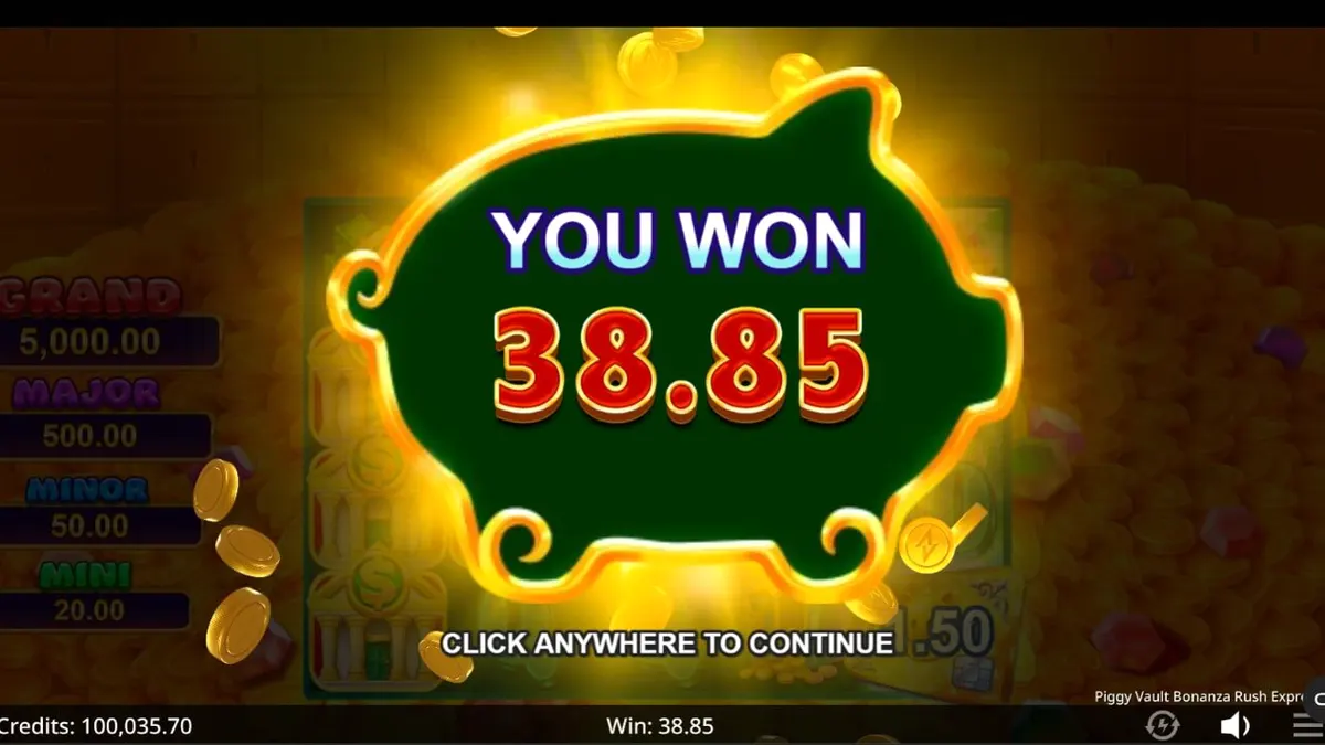 Tampilan antarmuka seluler slot Piggy Vault Bonanza Rush Express dengan latar belakang emas yang mewah