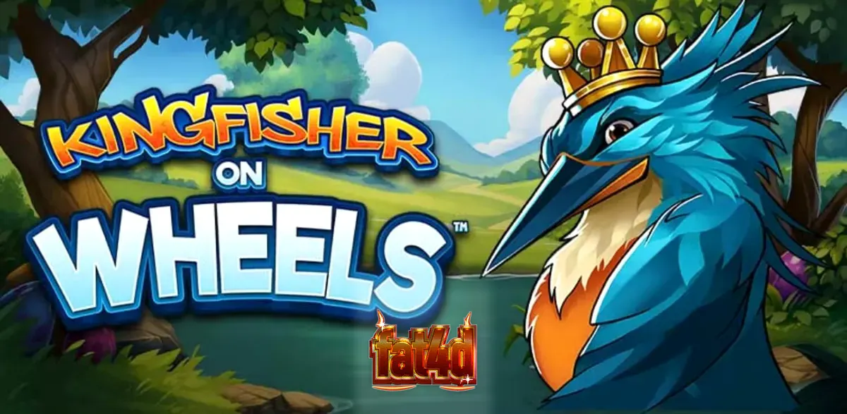 Kingfisher on Wheels slot visual style featuring a regal bird and a golden fortune wheel in a lush nature setting.